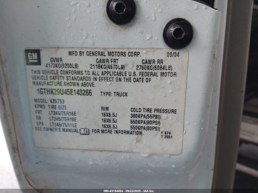 2005 GMC Sierra 2500Hd Sle VIN: 1GTHK29U45E143266 Lot: 43184404