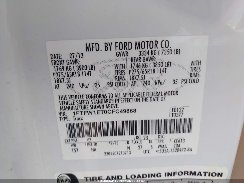 2012 Ford F-150 Lariat VIN: 1FTFW1ET0CFC49868 Lot: 43184414