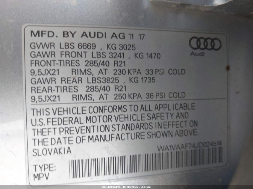 2018 Audi Q7 2.0T Premium VIN: WA1LHAF78JD002941 Lot: 43184415