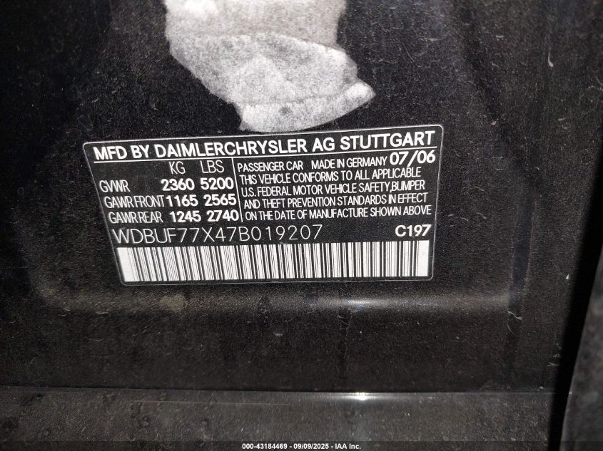 2007 Mercedes-Benz E 63 Amg VIN: WDBUF77X47B019207 Lot: 43184469