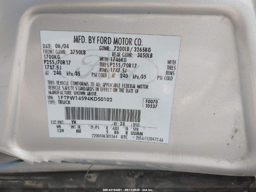 2004 Ford F-150 Fx4/Lariat/Xlt VIN: 1FTPW14594KD50102 Lot: 43184481