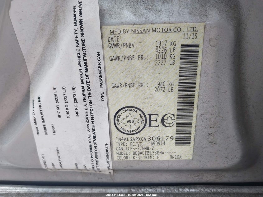 2016 NISSAN ALTIMA 2.5/S/SV/SL/SR 1N4AL3APXGN306179