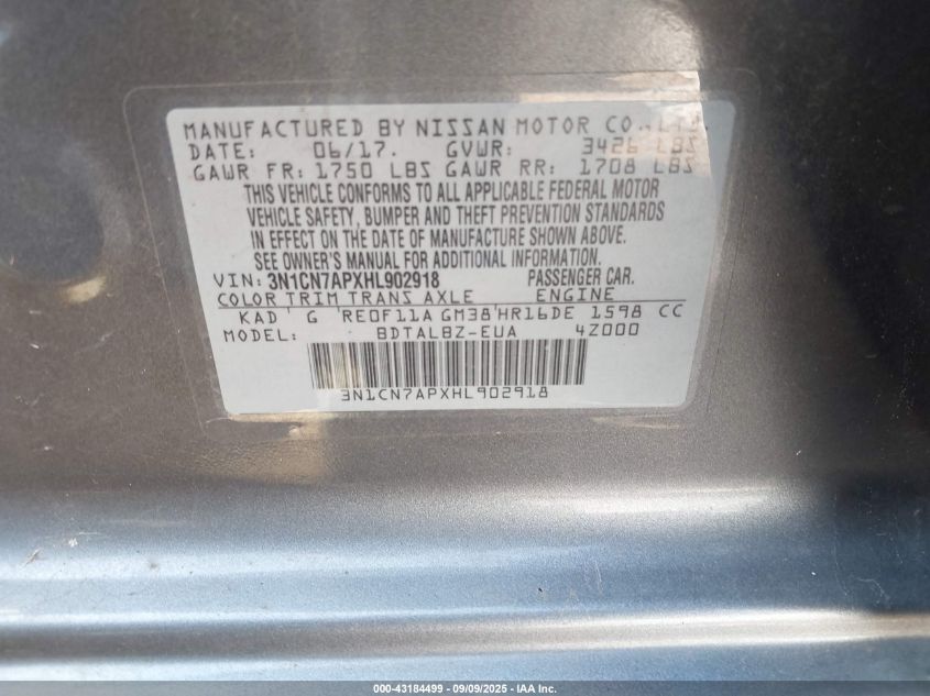 2017 Nissan Versa 1.6 Sv VIN: 3N1CN7APXHL902918 Lot: 43184499