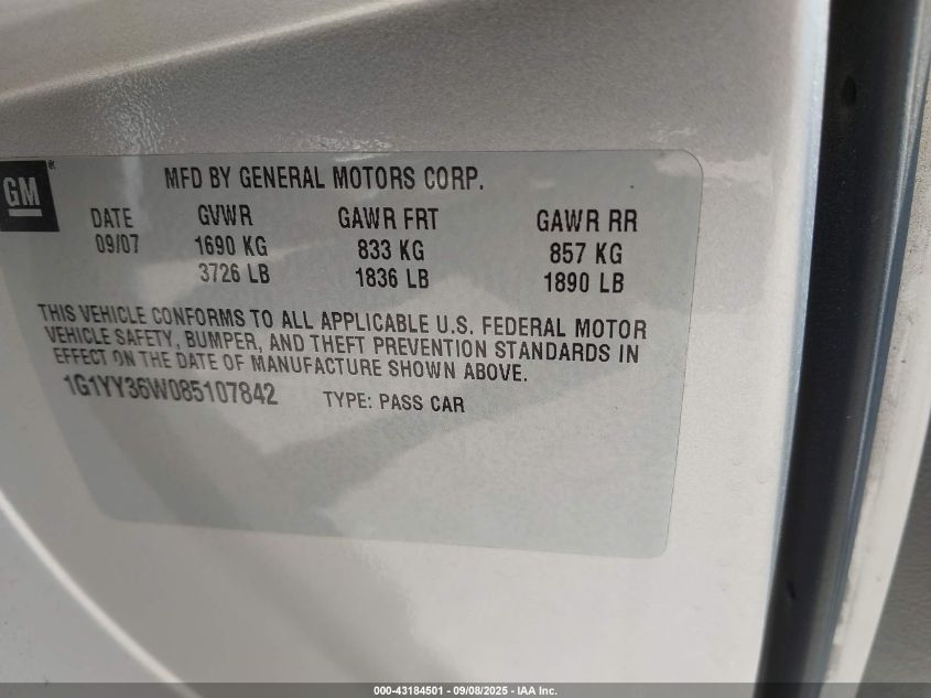 2008 Chevrolet Corvette VIN: 1G1YY36W085107842 Lot: 43184501