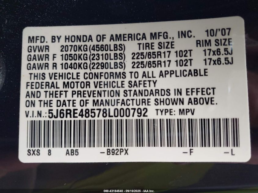 2008 Honda Cr-V Ex VIN: 5J6RE48578L000792 Lot: 43184540