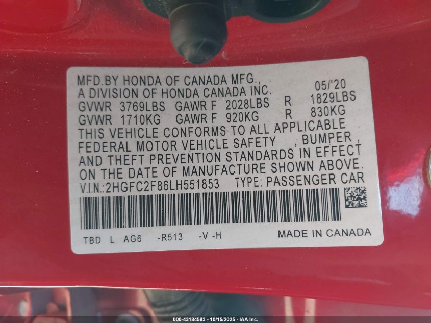 2020 Honda Civic Sport VIN: 2HGFC2F86LH551853 Lot: 43184583