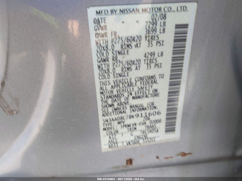 2008 Infiniti Qx56 VIN: 5N3AA08C78N911606 Lot: 43184601