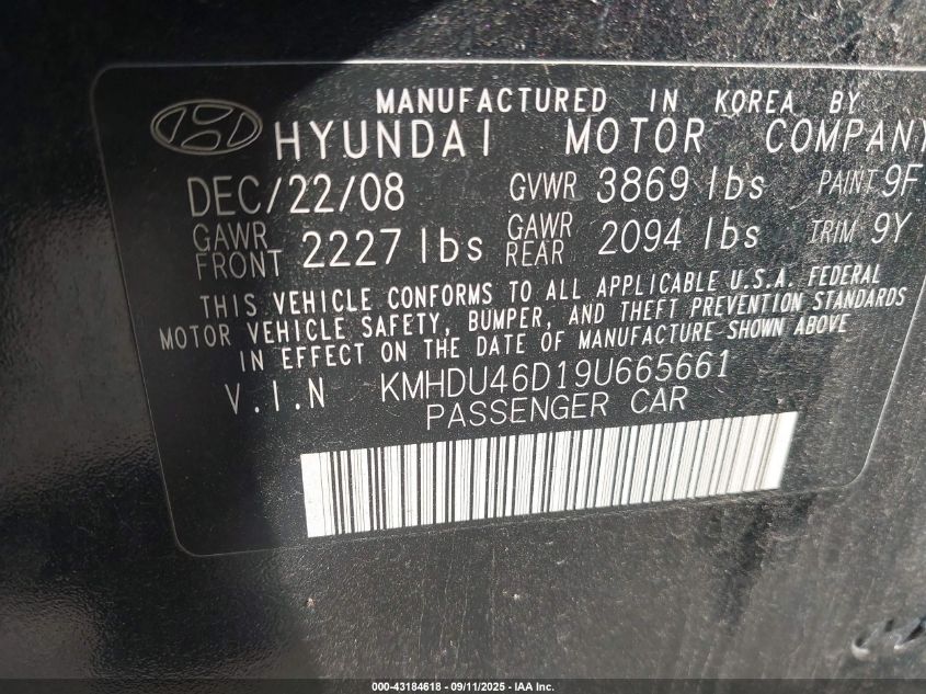 2009 Hyundai Elantra Gls VIN: KMHDU46D19U665661 Lot: 43184618