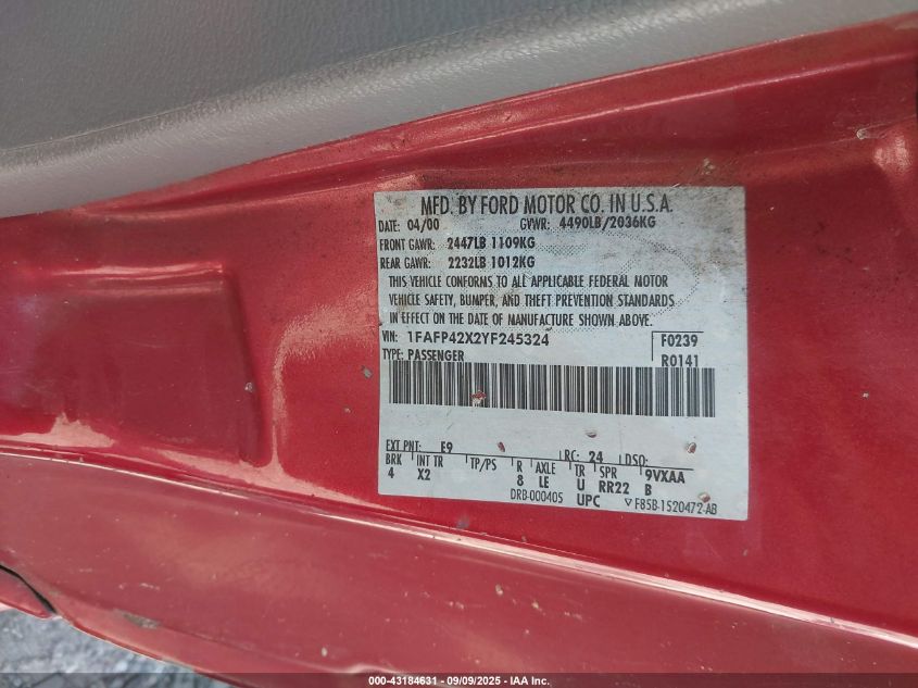 2000 Ford Mustang Gt VIN: 1FAFP42X2YF245324 Lot: 43184631
