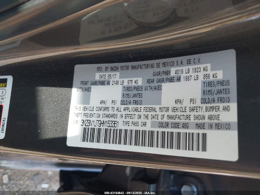 2017 Mazda Mazda3 Sport VIN: 3MZBN1U79HM153361 Lot: 43184642