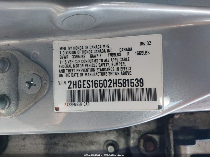 2002 Honda Civic Lx VIN: 2HGES16502H581539 Lot: 43184664