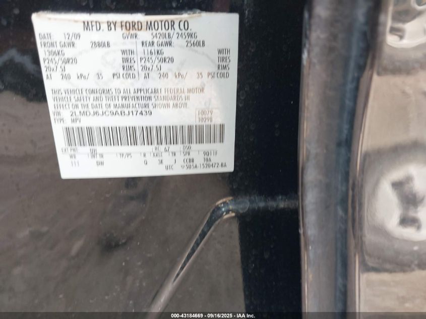 2010 Lincoln Mkx VIN: 2LMDJ6JC9ABJ17439 Lot: 43184669