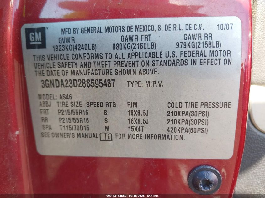 2008 Chevrolet Hhr Lt VIN: 3GNDA23D28S595437 Lot: 43184680