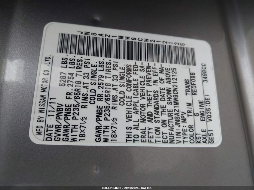 2012 Nissan Murano Sl VIN: JN8AZ1MW9CW212125 Lot: 43184682