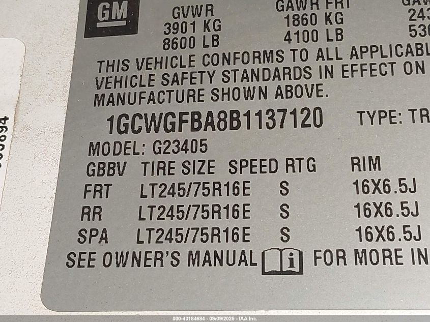 2011 Chevrolet Express 2500 Work Van VIN: 1GCWGFBA8B1137120 Lot: 43184684