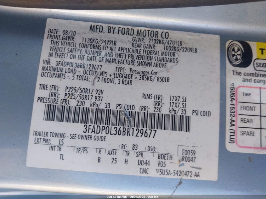 2011 Ford Fusion Hybrid VIN: 3FADP0L36BR129677 Lot: 43184706