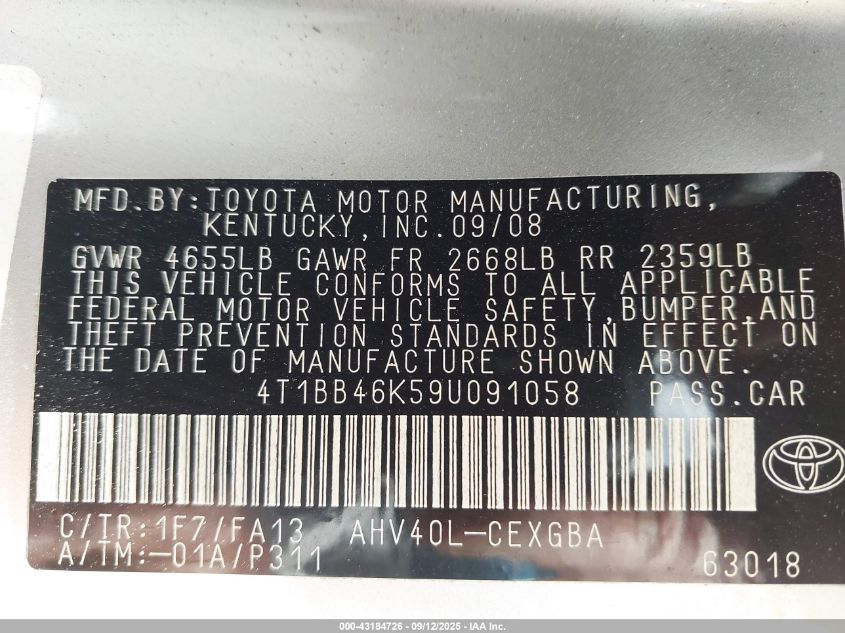 2009 Toyota Camry Hybrid VIN: 4T1BB46K59U091058 Lot: 43184726