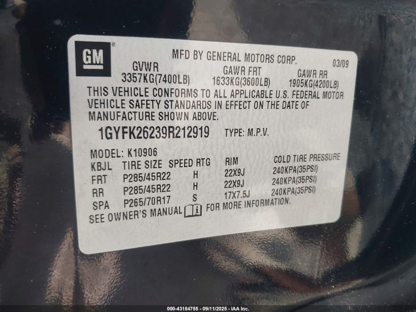 2009 Cadillac Escalade Esv Standard VIN: 1GYFK26239R212919 Lot: 43184755