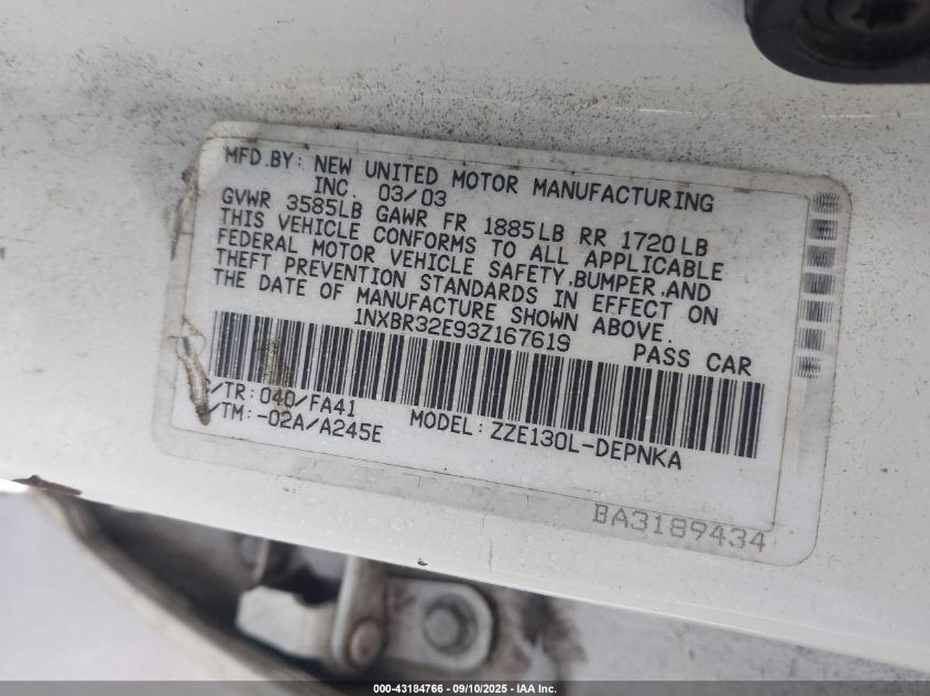 2003 Toyota Corolla Le VIN: 1NXBR32E93Z167619 Lot: 43184766