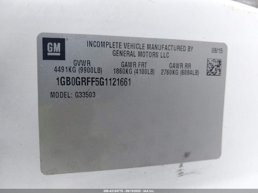 2016 Chevrolet Express Cutaway 3500 VIN: 1GB0GRFF5G1121661 Lot: 43184778