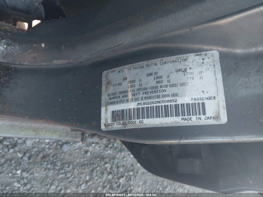 1992 Mazda Protege Lx VIN: JM1BG2262N0508852 Lot: 43184811