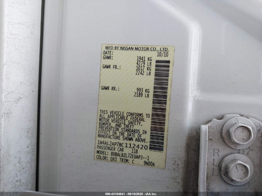 2011 Nissan Altima 2.5 S VIN: 1N4AL2AP7BC112420 Lot: 43184841