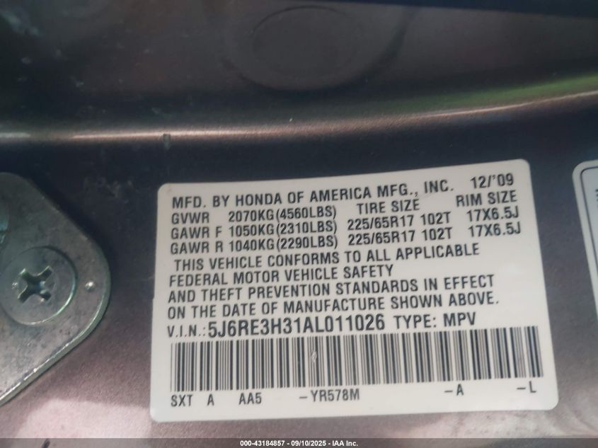 2010 Honda Cr-V Lx VIN: 5J6RE3H31AL011026 Lot: 43184857