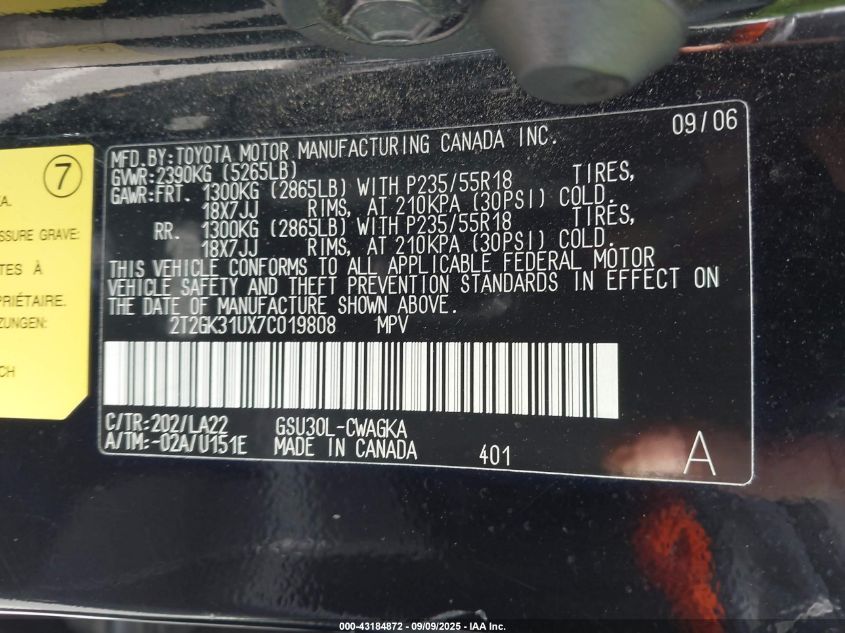 2007 Lexus Rx 350 VIN: 2T2GK31UX7C019808 Lot: 43184872