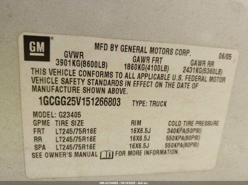 2005 Chevrolet Express VIN: 1GCGG25V151266803 Lot: 43184885