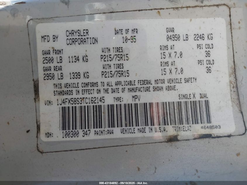 1996 Jeep Grand Cherokee Laredo VIN: 1J4FX58S3TC162145 Lot: 43184892