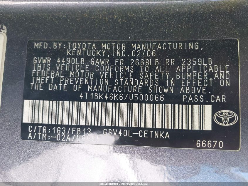 2007 Toyota Camry Le V6 VIN: 4T1BK46K67U500066 Lot: 43184901