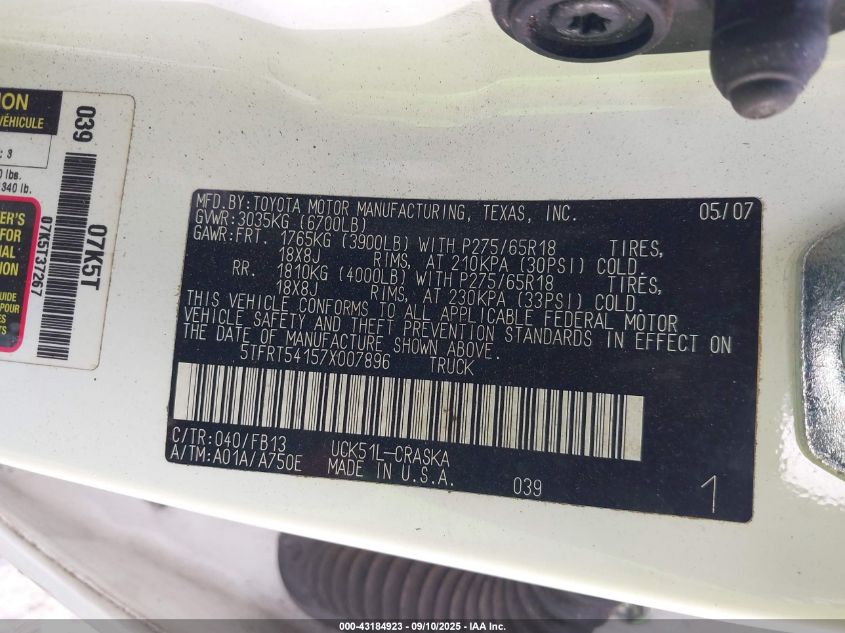 2007 Toyota Tundra Sr5 4.7L V8 VIN: 5TFRT54157X007896 Lot: 43184923