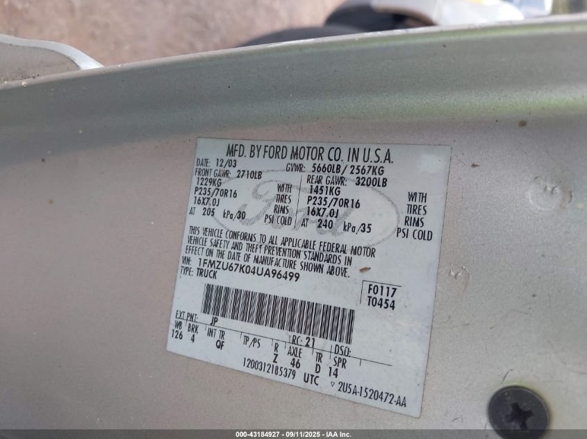 2004 Ford Explorer Sport Trac Adrenalin/Xls/Xlt VIN: 1FMZU67K04UA96499 Lot: 43184927