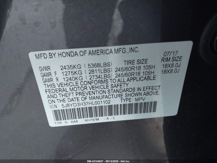 2017 Acura Mdx VIN: 5J8YD3H37HL001102 Lot: 43184937