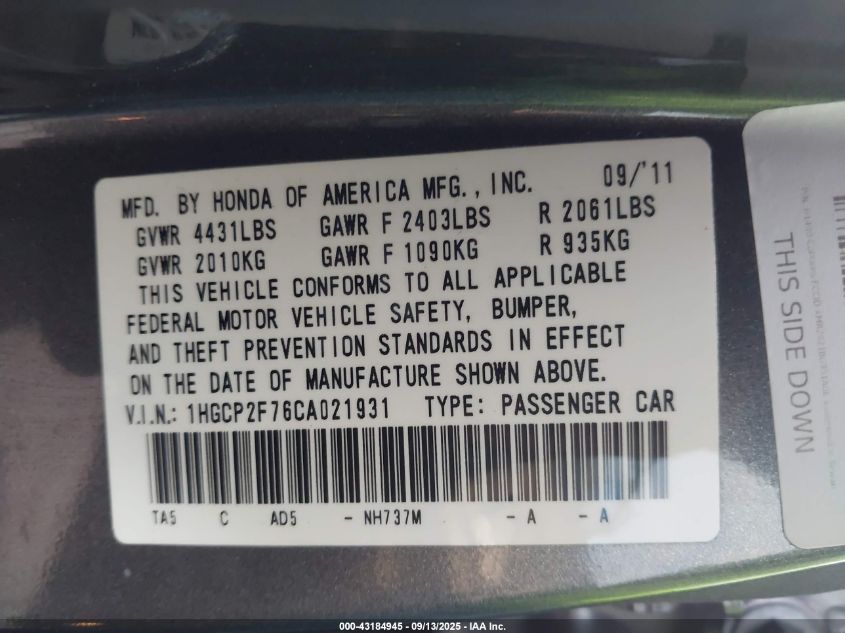 2012 Honda Accord 2.4 Ex VIN: 1HGCP2F76CA021931 Lot: 43184945