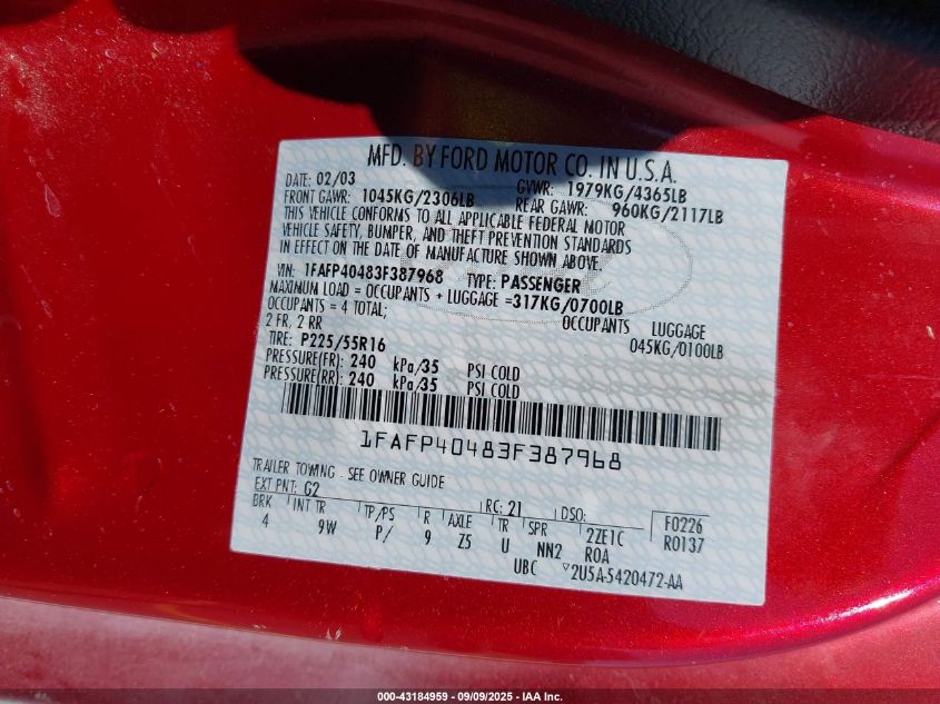 2003 Ford Mustang VIN: 1FAFP40483F387968 Lot: 43184959