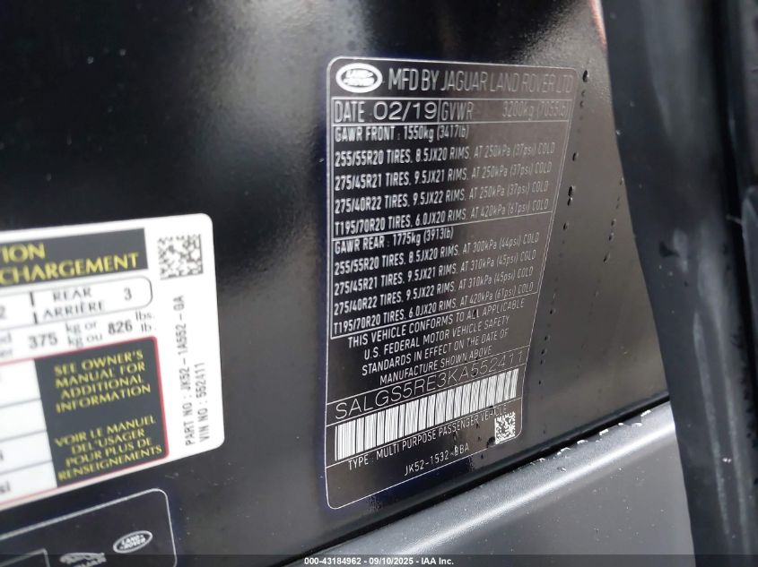 2019 Land Rover Range Rover 5.0L V8 Supercharged VIN: SALGS5RE3KA552411 Lot: 43184962