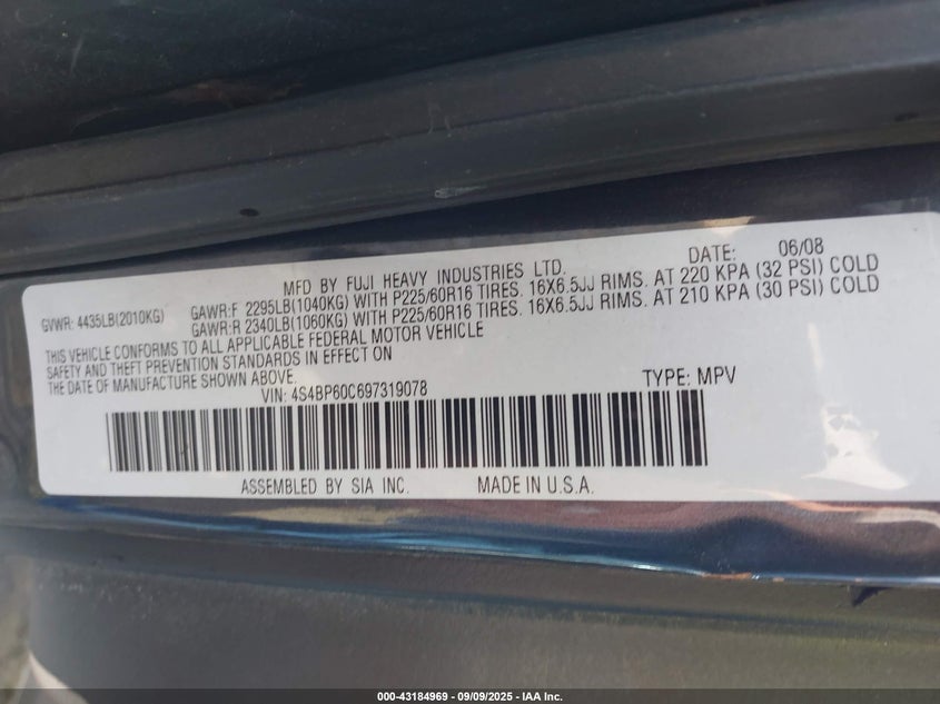 2009 Subaru Outback 2.5I VIN: 4S4BP60C697319078 Lot: 43184969