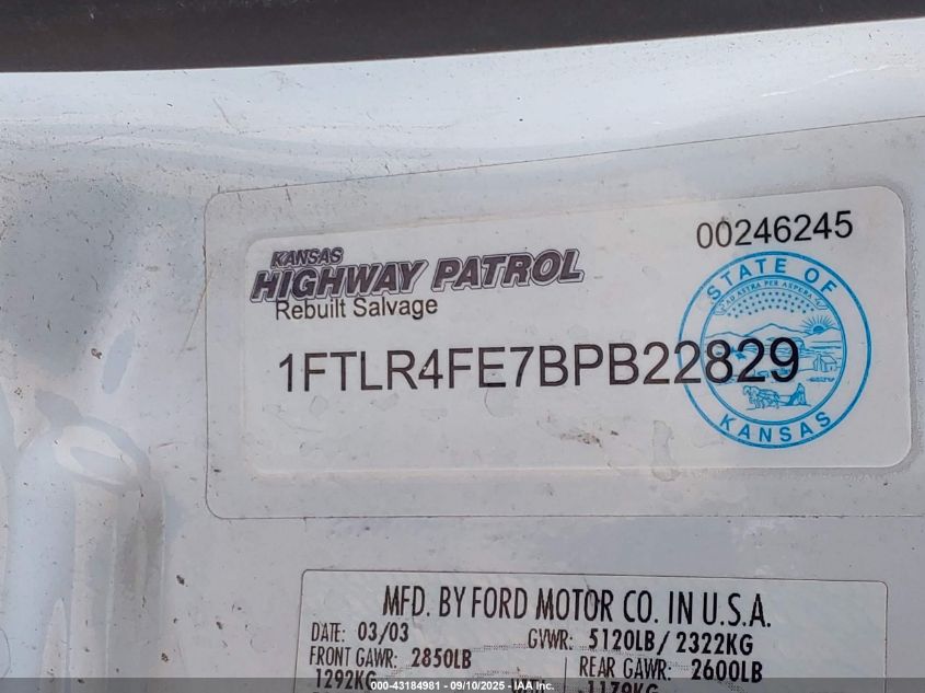 2011 Ford Ranger Xlt VIN: 1FTLR4FE7BPB22829 Lot: 43184981