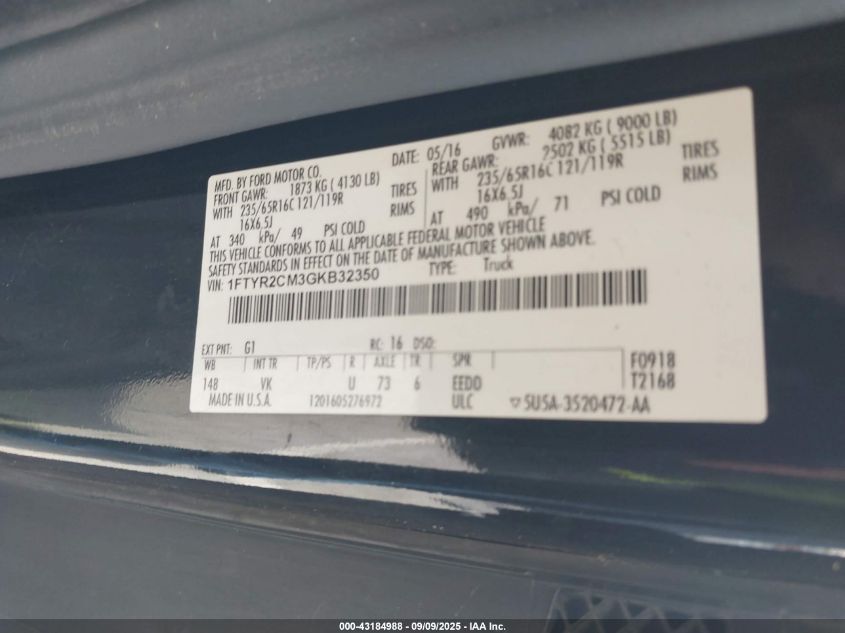 2016 Ford Transit-250 VIN: 1FTYR2CM3GKB32350 Lot: 43184988