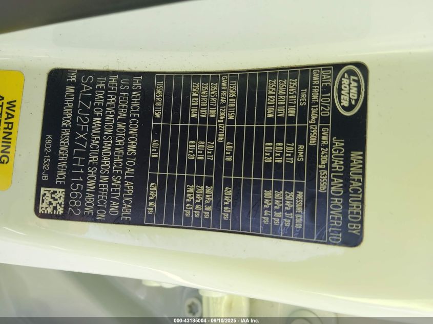 2020 Land Rover Range Rover Evoque S VIN: SALZJ2FX7LH115682 Lot: 43185004