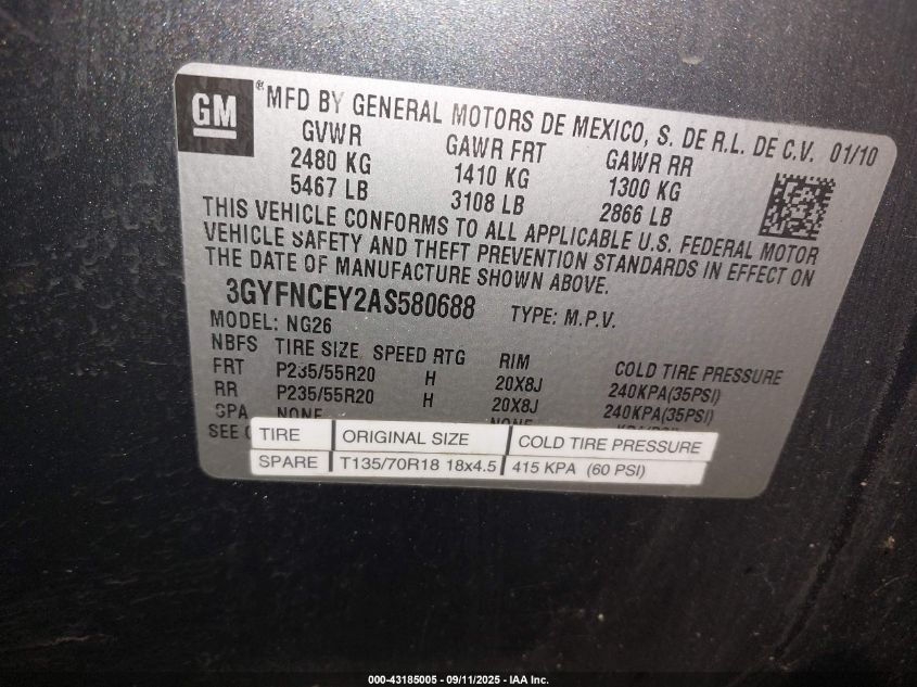 2010 Cadillac Srx Premium Collection VIN: 3GYFNCEY2AS580688 Lot: 43185005