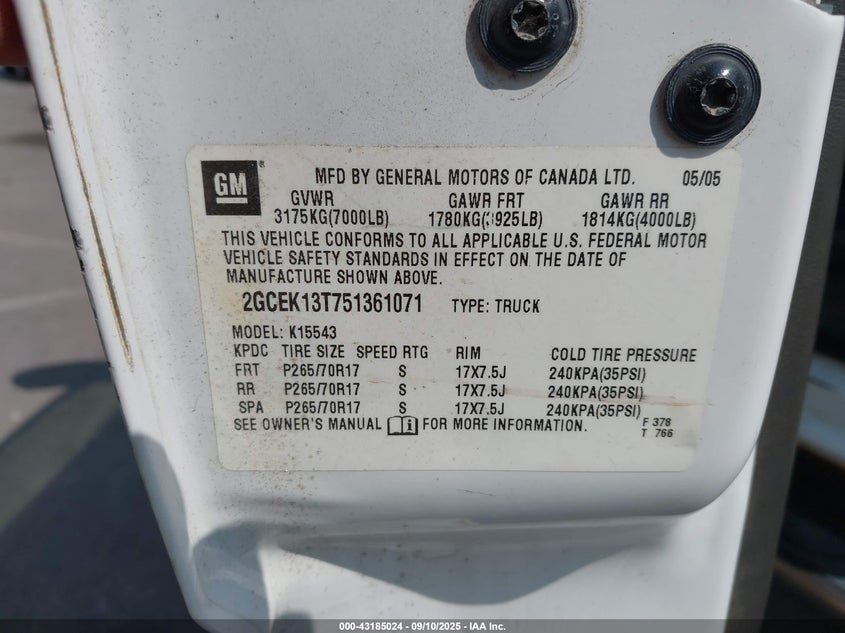 2005 Chevrolet Silverado 1500 Z71 VIN: 2GCEK13T751361071 Lot: 43185024