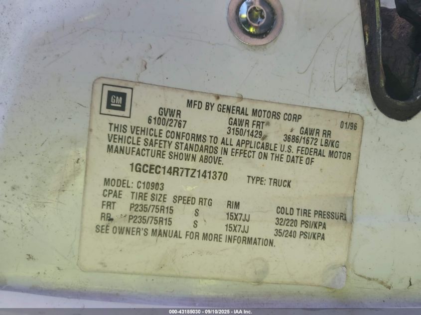 1996 Chevrolet Gmt-400 C1500 VIN: 1GCEC14R7TZ141370 Lot: 43185030