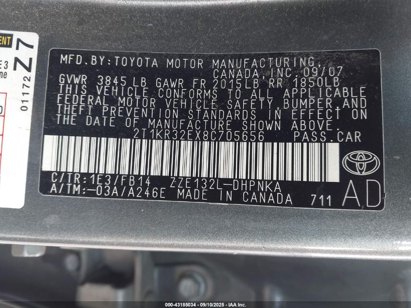 2008 Toyota Matrix Xr VIN: 2T1KR32EX8C705656 Lot: 43185034