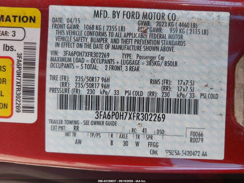 2015 Ford Fusion Se VIN: 3FA6P0H7XFR302269 Lot: 43185037