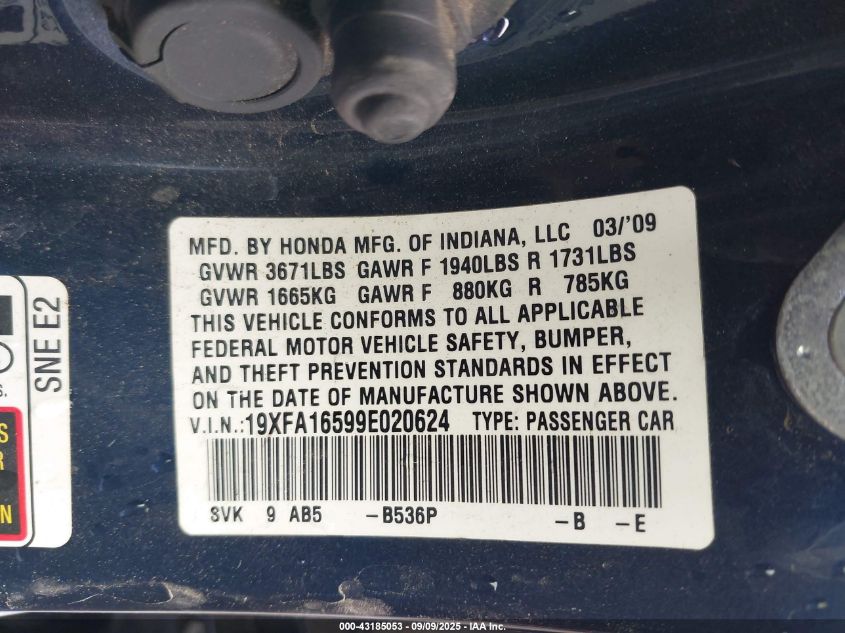 2009 Honda Civic Lx VIN: 19XFA16599E020624 Lot: 43185053