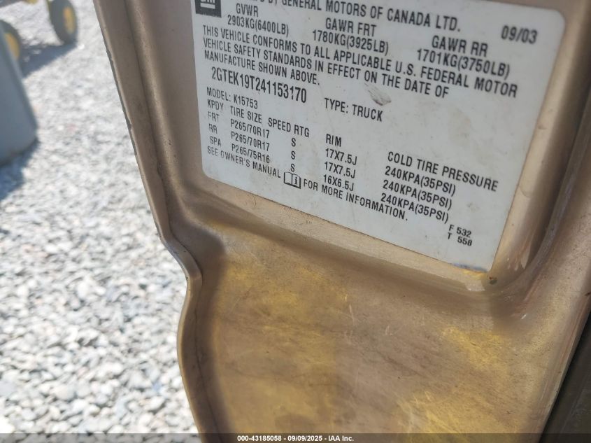 2004 GMC Sierra 1500 Sle VIN: 2GTEK19T241153170 Lot: 43185058