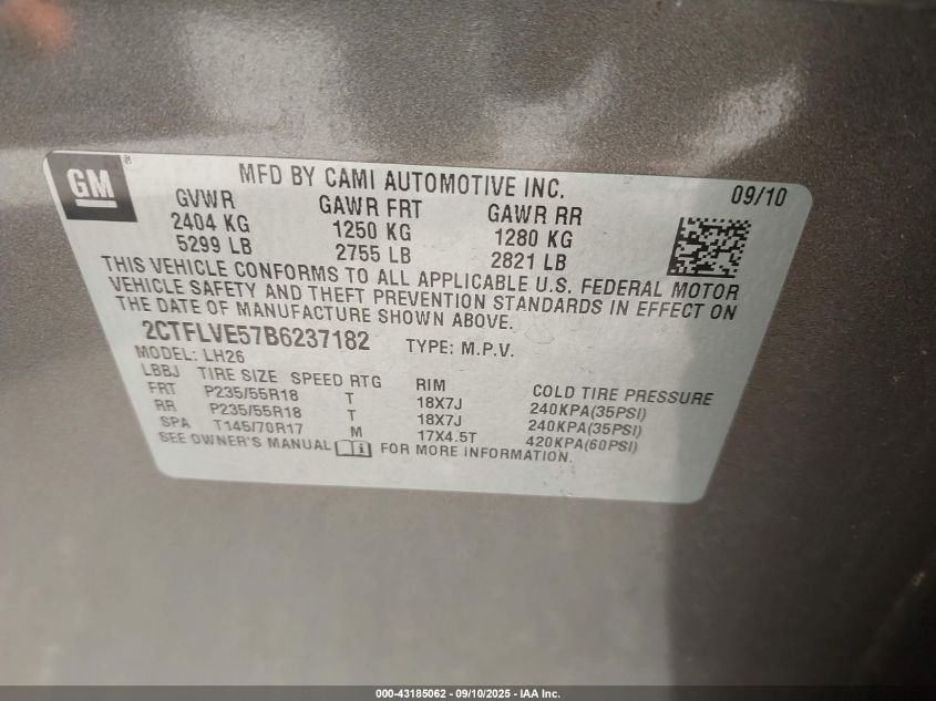 2011 GMC Terrain Slt-1 VIN: 2CTFLVE57B6237182 Lot: 43185062