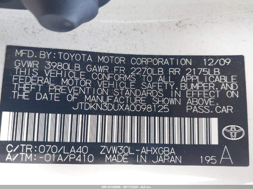 2010 Toyota Prius Iv VIN: JTDKN3DUXA0098125 Lot: 43185066